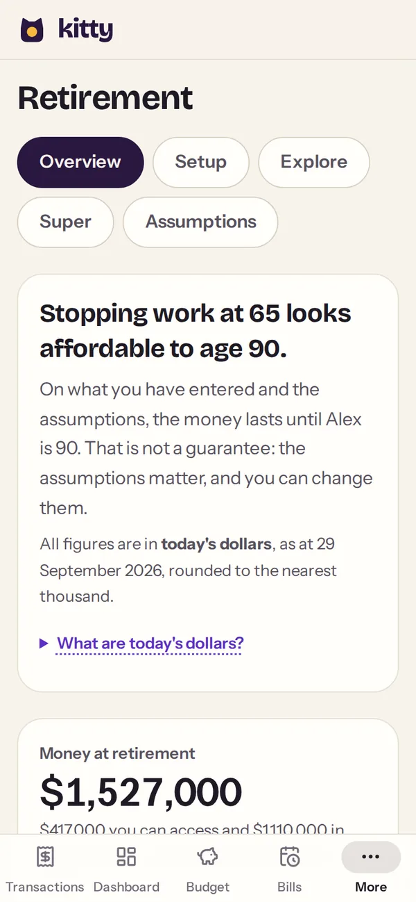 The Retirement overview on a phone: stopping work at 65 looks affordable to age 90, with $1,527,000 at retirement.