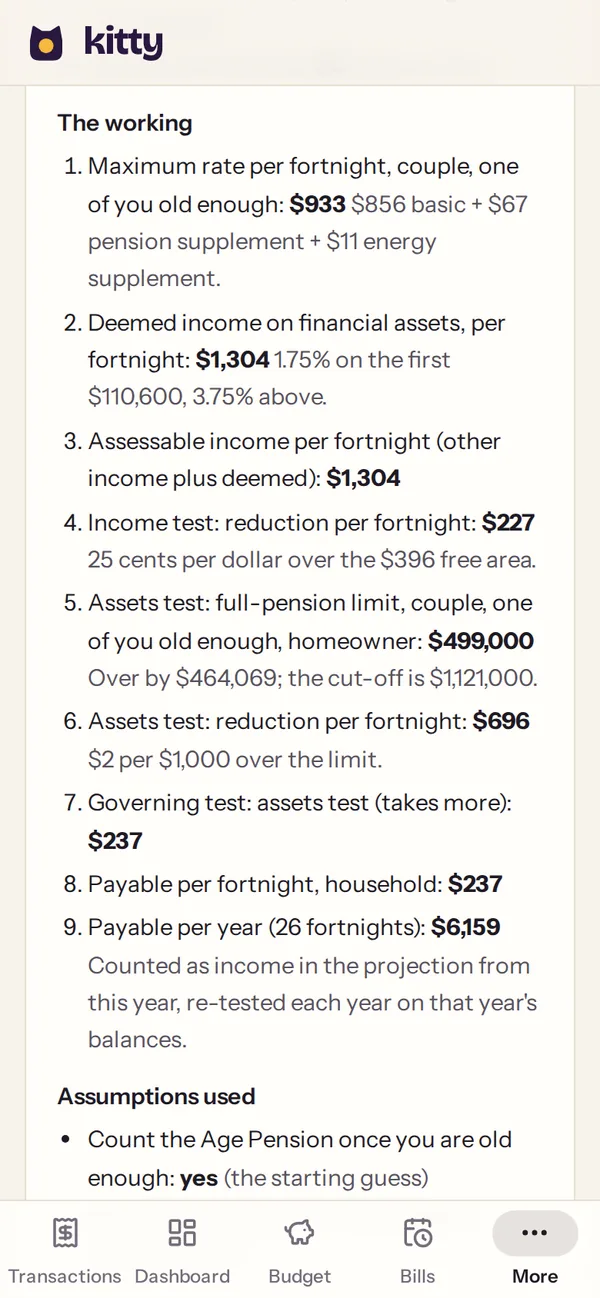 How the Age Pension was worked out, step by step: the maximum rate, deeming, the income and assets tests, and $237 a fortnight payable.