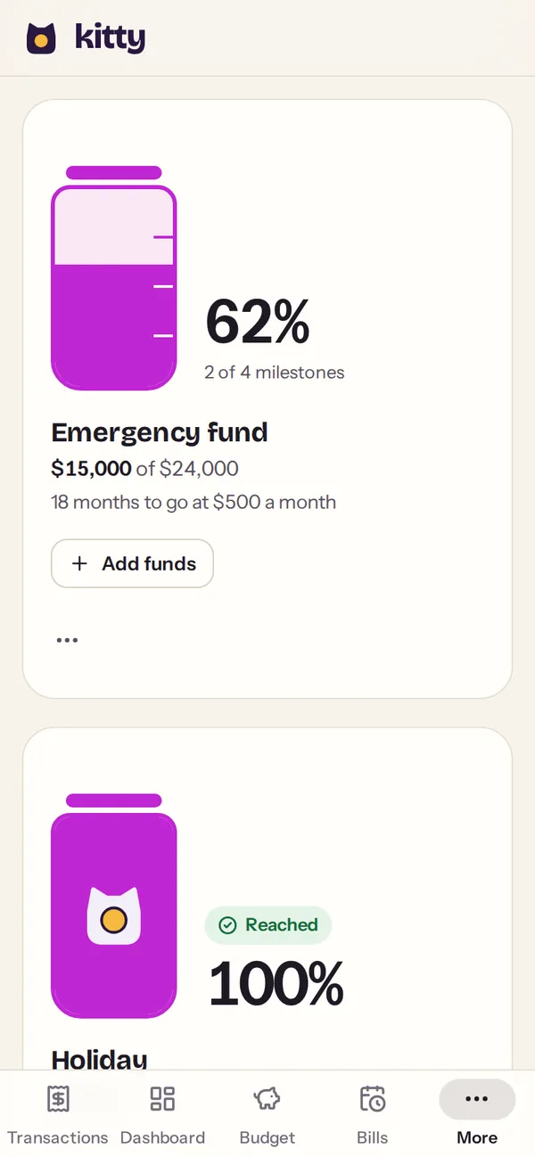 Goals on a phone: the emergency fund jar 62% full, and the holiday jar full with the kitty inside.